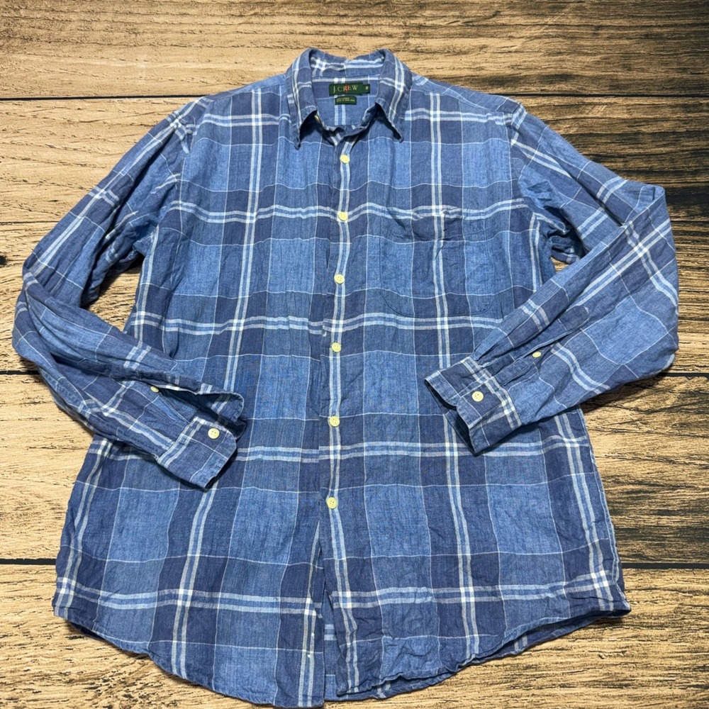 Vintage J Crew Oarsman Shirt Mens Medium Blue Plaid 100% Linen Button Down